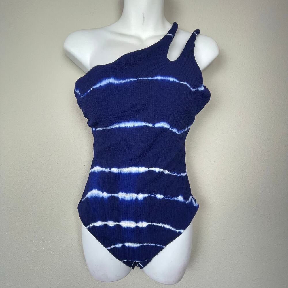 BECCA Blue White Striped Ribbed High Neck‎ One-Piece Swimsuit Size M Tie Back